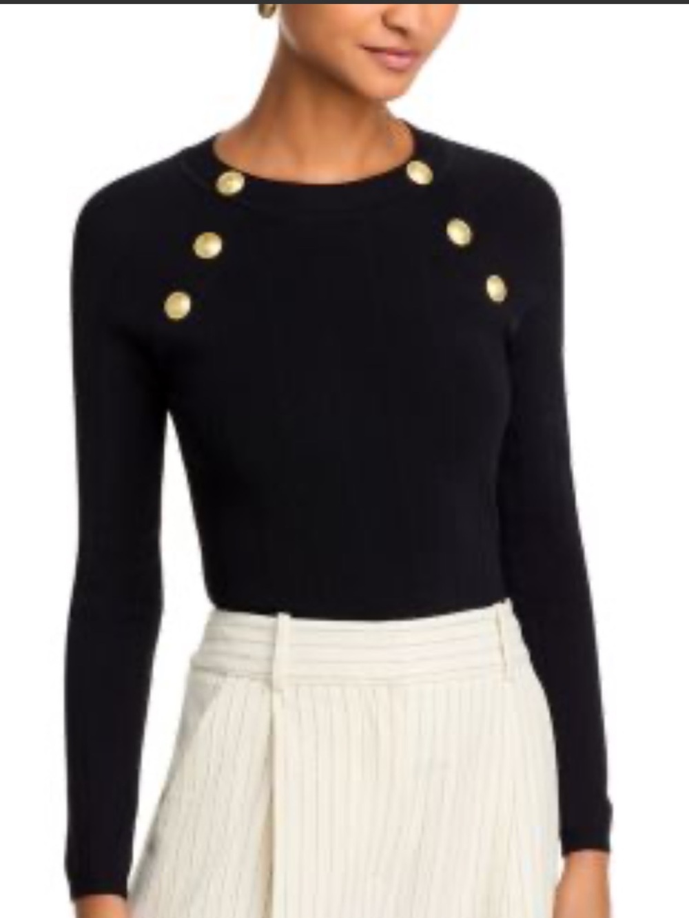 Zara Black Ribbed Crewneck Stretch Sweater With Gold Buttons